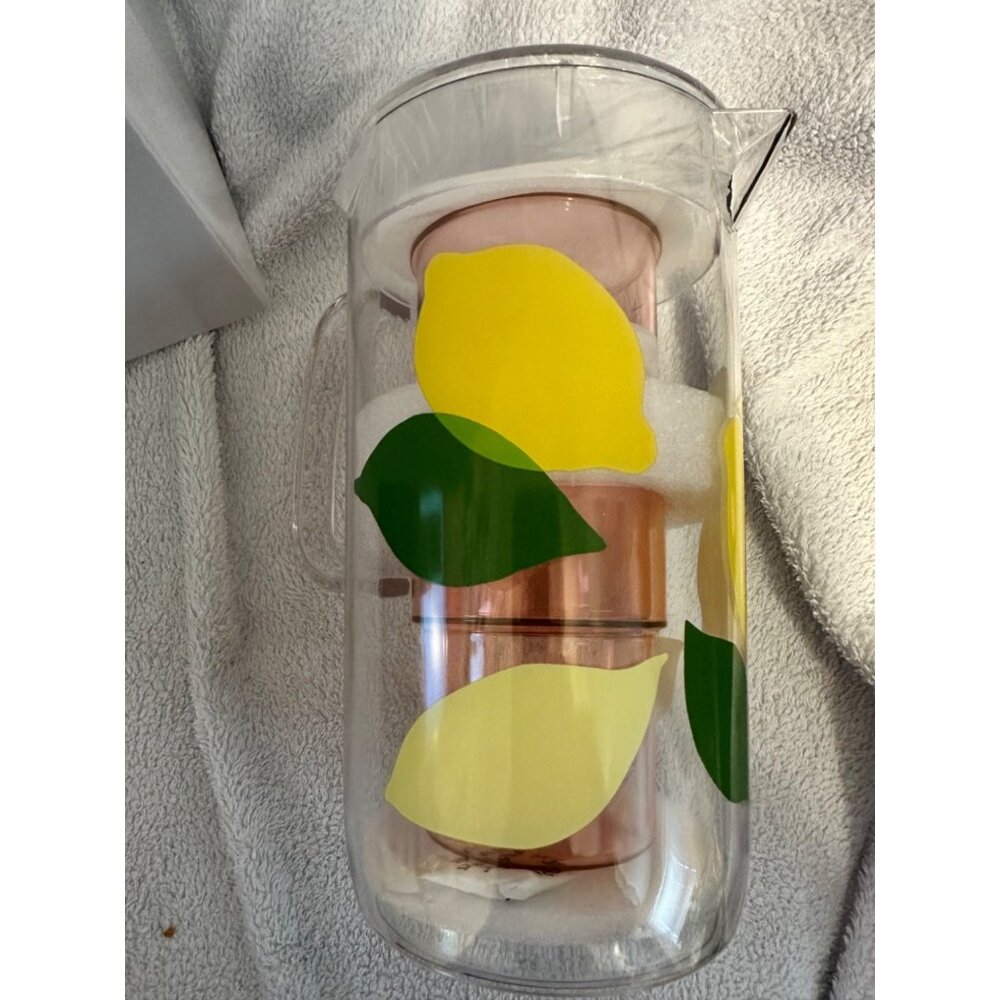 Kate Spade Pitcher and Set of 2 Cups OS Pink Lemon Print Citrus Drinkware Set - Picture 3 of 4